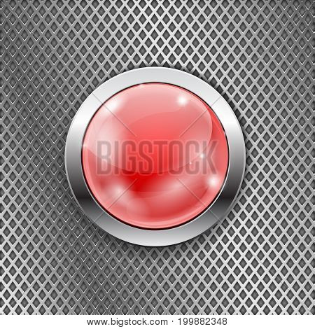 Red round glass button with metal frame on steel perforated background. Diamond shape holes. Vector 3d illustration