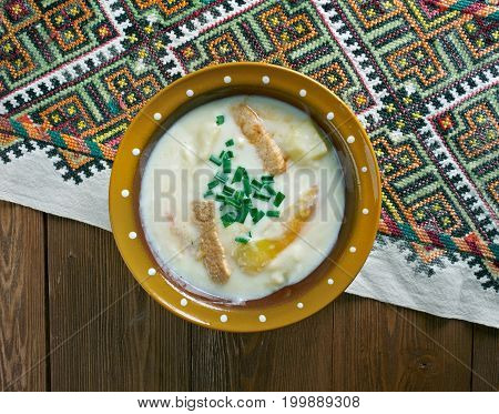 hungarina potato soup Krumplileves  close up healthy meal