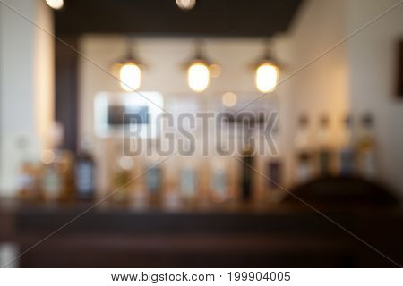 Abstract Background Blur Of Whisky Bar For Adult Party On Restaurant.
