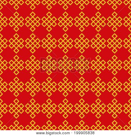 Seamless pattern of the endless knot or eternal knot. Red and yellow ethnic background. Vector illustration.