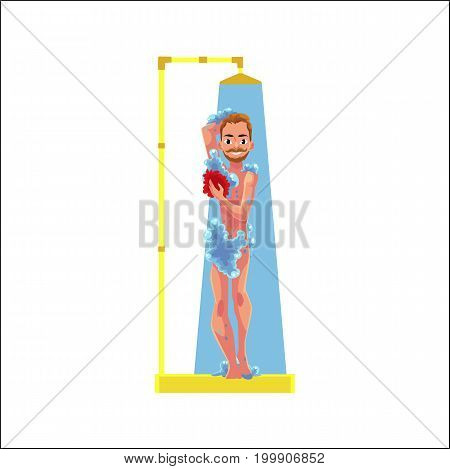 vector adult man with mustache and beard taking shower with running water soaping himself by wisp smiling. Cartoon character isolated illustration on a white background.