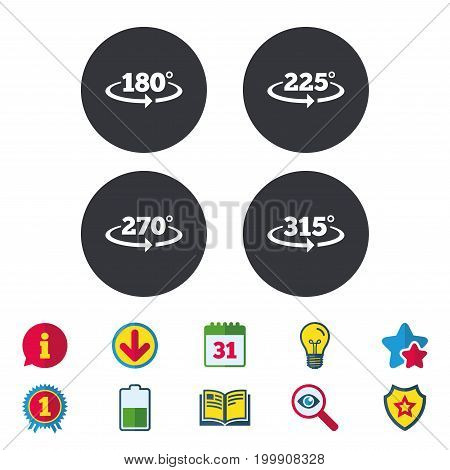 Angle 180-315 degrees icons. Geometry math signs symbols. Full complete rotation arrow. Calendar, Information and Download signs. Stars, Award and Book icons. Light bulb, Shield and Search. Vector