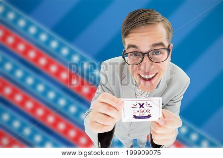 Geeky hipster smiling and showing card against focus on stars 