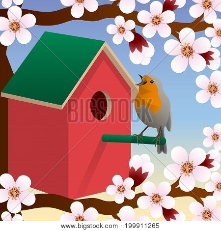 Bird near birdhouse. Blossoming spring tree. Spring. Vector illustration