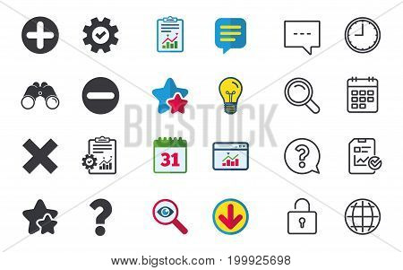 Plus and minus icons. Delete and question FAQ mark signs. Enlarge zoom symbol. Chat, Report and Calendar signs. Stars, Statistics and Download icons. Question, Clock and Globe. Vector