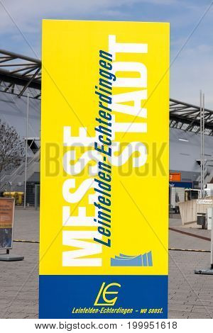 Leinfelden-Echterdingen Germany - May 06 2017: Trade fair Stuttgart advertising poster trade fair city Leinfelden-Echterdingen (Messestadt)