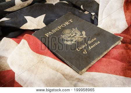 USA passport on The US flag background, grunge style