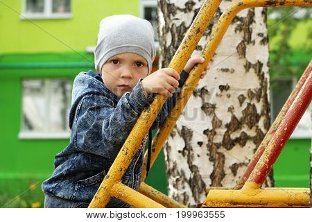 Portrait Of Little Boy On Nature Background Among Birches