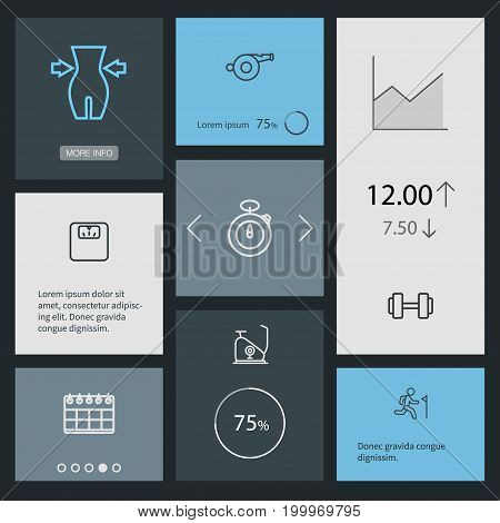 Collection Of Stopwatch, Training, Weight Loss And Other Elements.  Set Of 8 Training Outline Icons Set.