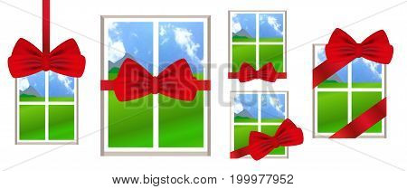 Window with red ribbon and bow as a gift with a landscape view. Set illustrations over white background. Vector.