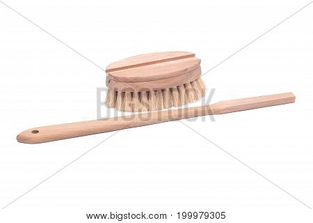 Natural bristle body brush with detachable long handle isolated on white background