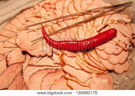 Sliced parma boiled pork with hot red chilly pepper