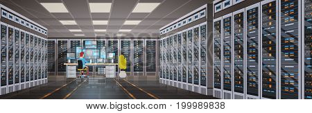 People Working In Data Center Room Hosting Server Computer Monitoring Information Database Flat Vector Illustration