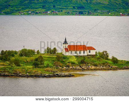 Fjord Landscape With Sildpollnes Chapel, Lofoten Islands, Sildpollneset Peninsula On Of Austvagoya, 