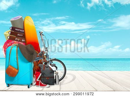 Collage Of Luggage For Travel In Front Of Ocean View. Concept Of Summertime, Resort, Journey, Trip, 