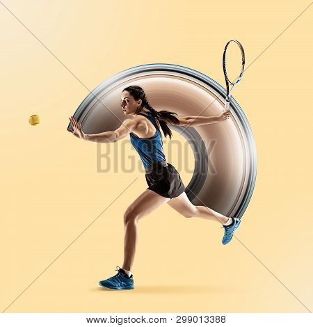 Full Length Portrait Of Young Woman Playing Tennis Isolated On Yellow Background. Healthy Lifestyle.