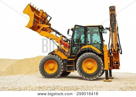 Backhoe Loader Or Bulldozer - Excavator Isolated On White Background With Clipping Path.
