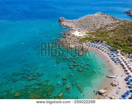 Aerial Birds Eye View Drone Photo Ladiko Bay Near Anthony Quinn On Rhodes Island, Dodecanese, Greece