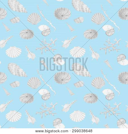 Hand drawn in watercolor sea world natural element. Corals reef seamless pattern on blue background