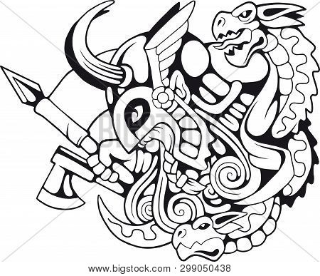 Legendary Scandinavian Warrior, Monochrome Illustration For Design.