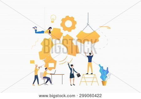 Businesspeople Building And Driving Gear. Teamwork, Startup, Business Process. Management Concept. V