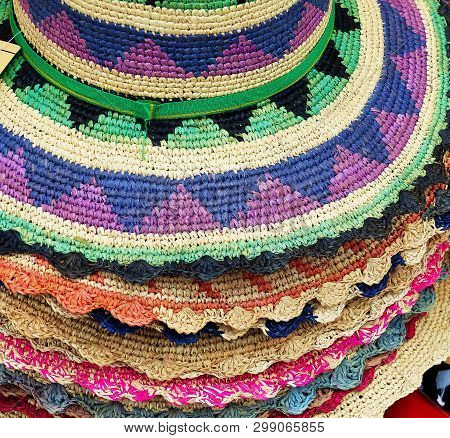 Knitted Hats Made From Toquilla Straw, Vegetable Fiber, And Painted With Various Colors At Artisan M