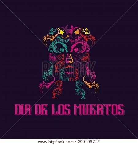 Dia De Los Muertos Banner Skull Made From Colorful Swirl Flowers , Mexican Event, Fiesta, Party Post