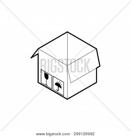 Outline Box Icon. Empty Cardboard Corrugated Box With 2 Top Flaps Open. Isometric Vector Isolated On