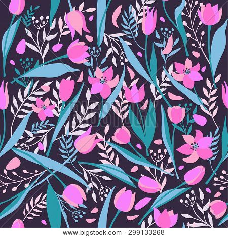 Seamless Pattern Of Cute Stylish Tulips. Spring Illustration.