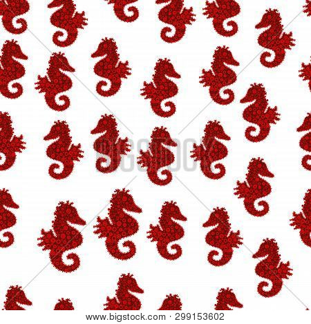 In Vintage Style. Sea Horse. Vector Illustration. Pictures In White, Red And Orange Colors. Decor On