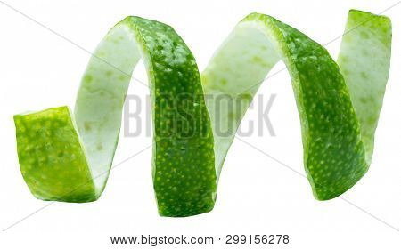 Twist of lime peel on white background. File contains clipping path.
