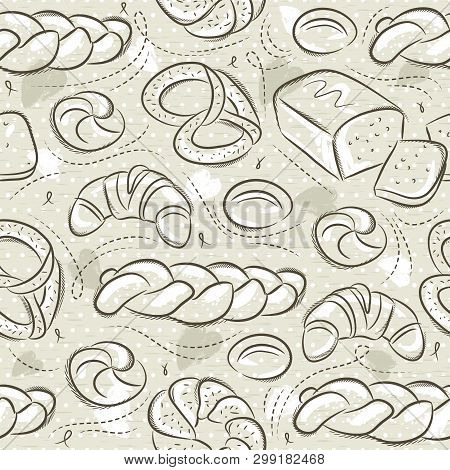Beige Seamless Patterns With Different Breads, Easter Bread, Pretzel, Bap And Croissant. Ideal For P