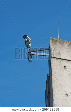 Video Surveillance On A Pillar Of The Trough Bridge At Hohenwarthe In Germany