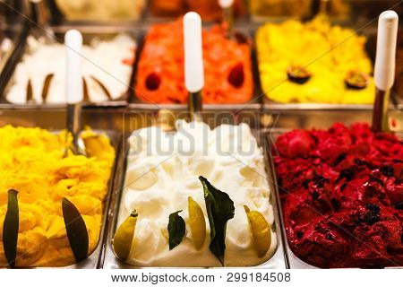 Italian Gourmet Gelatto Ice Cream Display In Shop Window
