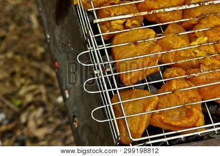 Cubes Of Pickled Meat In A Grill Grate At Brazier. Barbecue Kebab On Embers Outdors. Grilled Picnic