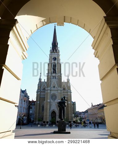 Freedom Square And Catholic Cathedral In Novi Sad View, Vojvodina Region Of Serbia