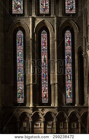 Hexham, Northumberland, United Kingdom, 9th May 2016, Stained Glass Window At Hexham Abbey