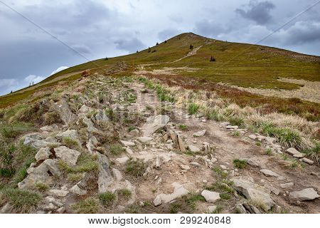 Empty Trail In The Mountains Of Central Europe. A Path Leading High In The Mountains.