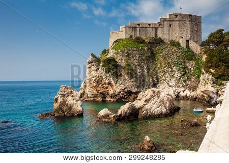 Dubrovnik West Pier And The Medieval Fort Lovrijenac Located On The Western Wall Of The City