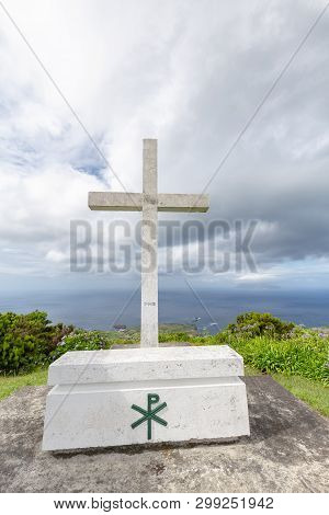 Portrait View Of A White Cross And Casket At The Ermida De Sao Joao Baptista Chapel Above Ponta Delg
