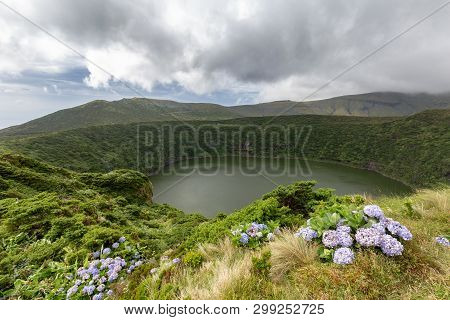 Logoa Funda Or Caldeira Negra, A Massive Crater Lake In Flores, Portugal.