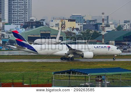 Saigon, Vietnam - May 3, 2019. A7-amb Latam Brasil Airbus A350-900 Taxiing To Take Off From Tan Son 