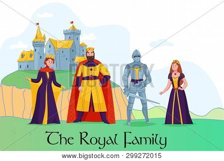 Medieval Kingdom Royal Family Standing In Front Of Castle Flat Composition With King Queen Knight Pr