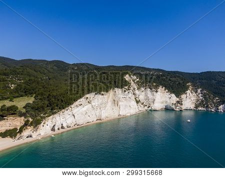 Aerial View Of High White Cliffs Of Vignanotica Beach In Apulia Region, Italy