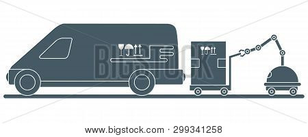 Vector Illustration With Robot Loader Loads Boxes Into A Car. Automation Warehouse Processes. Smart 