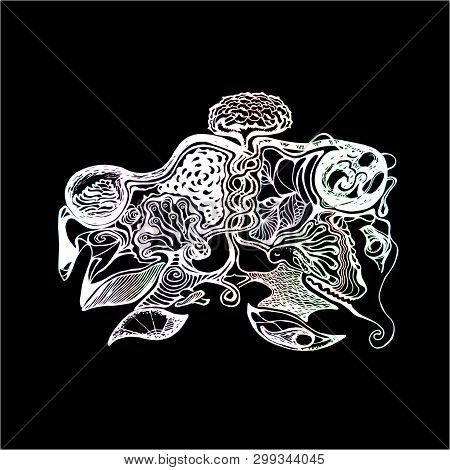 Color Drawing With Two Souls That Tripe In One Another. Cosmos, Lotus, Ghosts. Psychedelic Illustrat