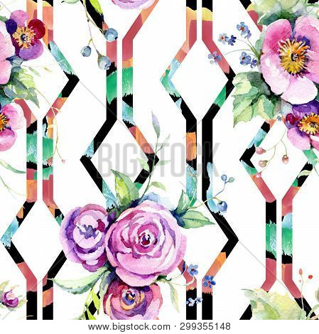 Pink Rose Bouquet Loral Botanical Flowers. Watercolor Background Illustration Set. Seamless Backgrou