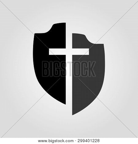 Shield With Cross In Flat Design, Isolated On Light Background. Vector Illustration.
