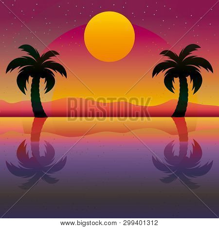 Silhouette Of Palm With Sun Seaside Vector Illustration