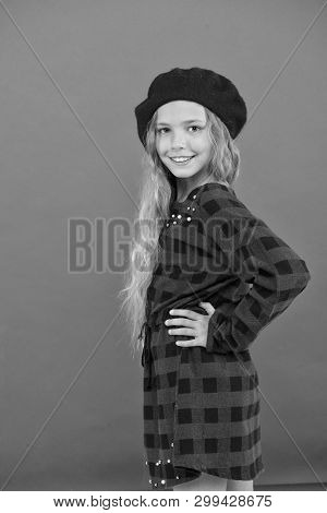 Fashionable Beret Accessory For Female. Wear Beret Like Fashion Girl. Kid Little Cute Girl With Long